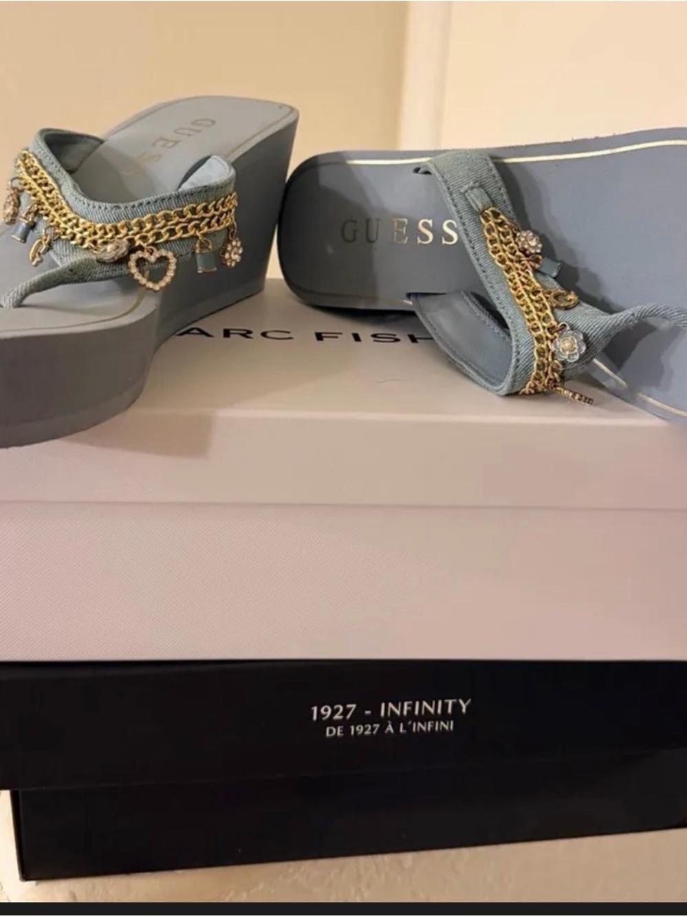 GUESS Light Blue Wedge Thong Sandals with Gold Chain Charms